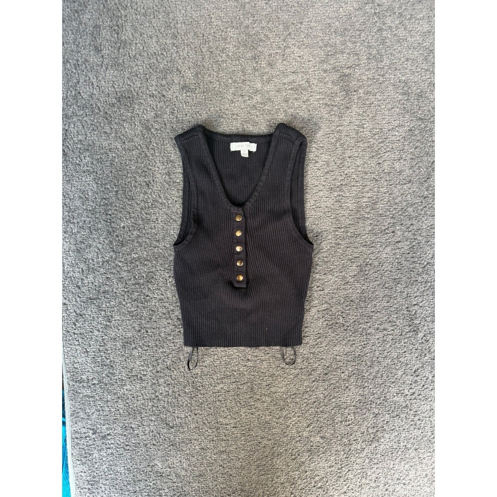 Love Tree Black Ribbed Henley Tank Top V-Neck Sleeveless Cropped Knit Small